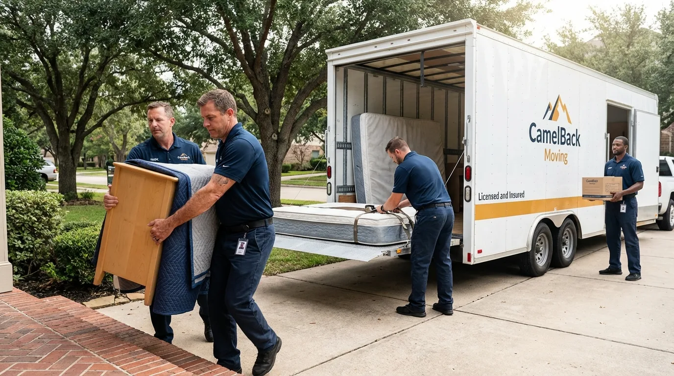 Crew loading residential truck for cross-state move from East Lansing, MI