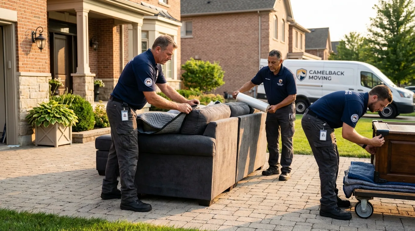 Large estate moving crew wrapping furniture in East Lansing, MI