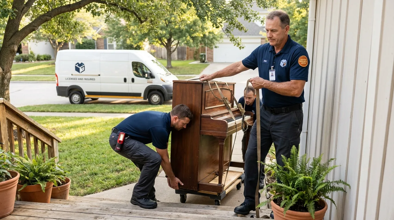 Licensed piano movers securing grand piano in East Lansing, MI