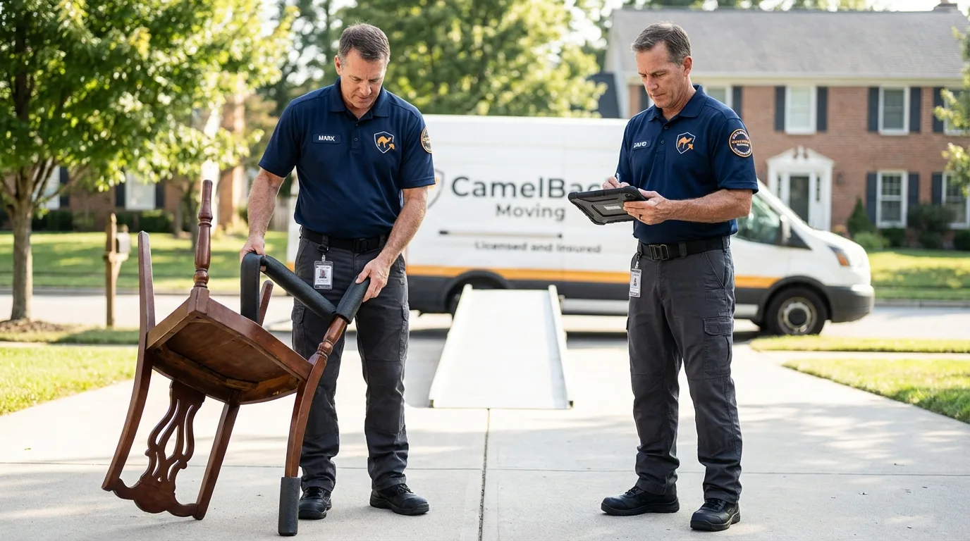 Movers inspecting furniture for damage prevention before loading in East Lansing, MI