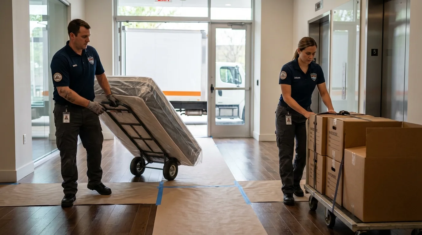 Professional apartment movers loading elevator in East Lansing, MI