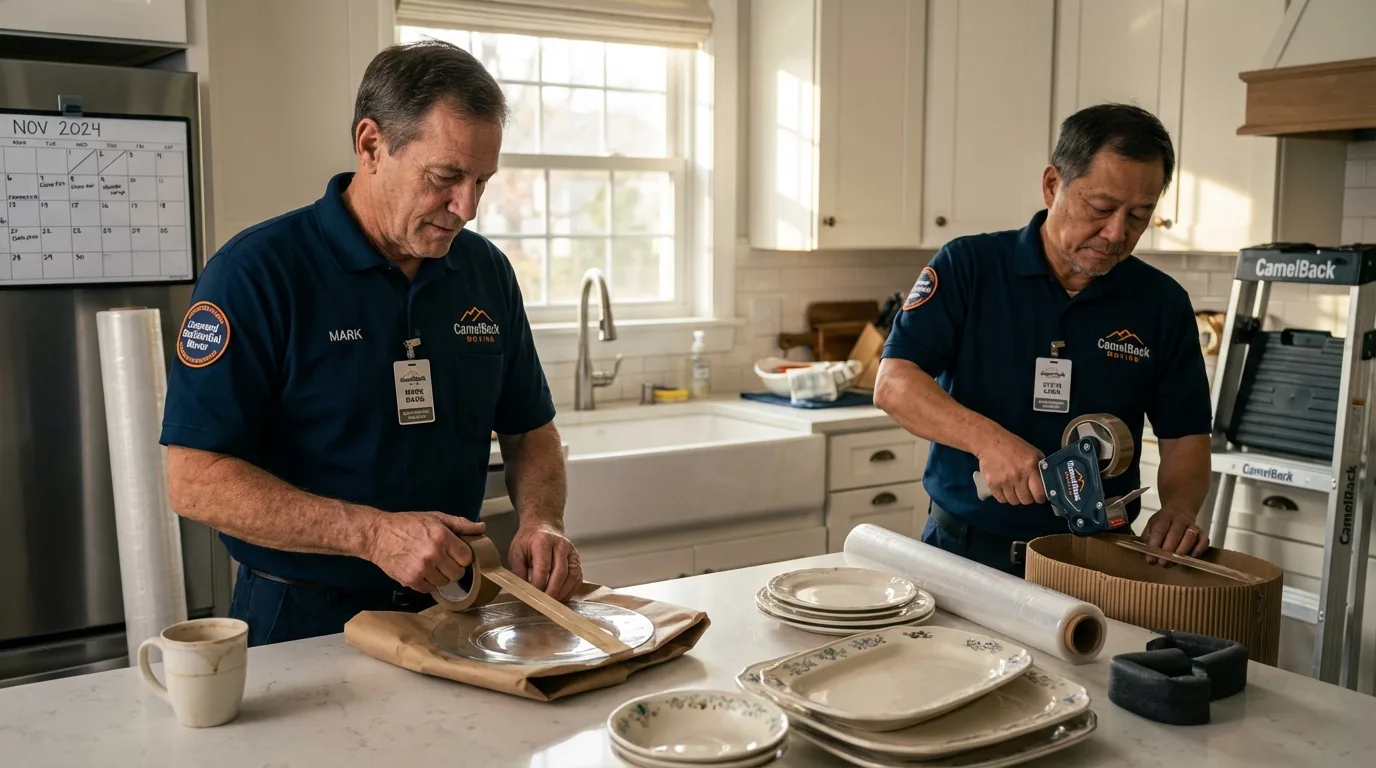 Professional crew packing kitchen dishware in East Lansing, MI